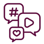 three speech bubbles with a hashtag, a play icon and a heart in the middle