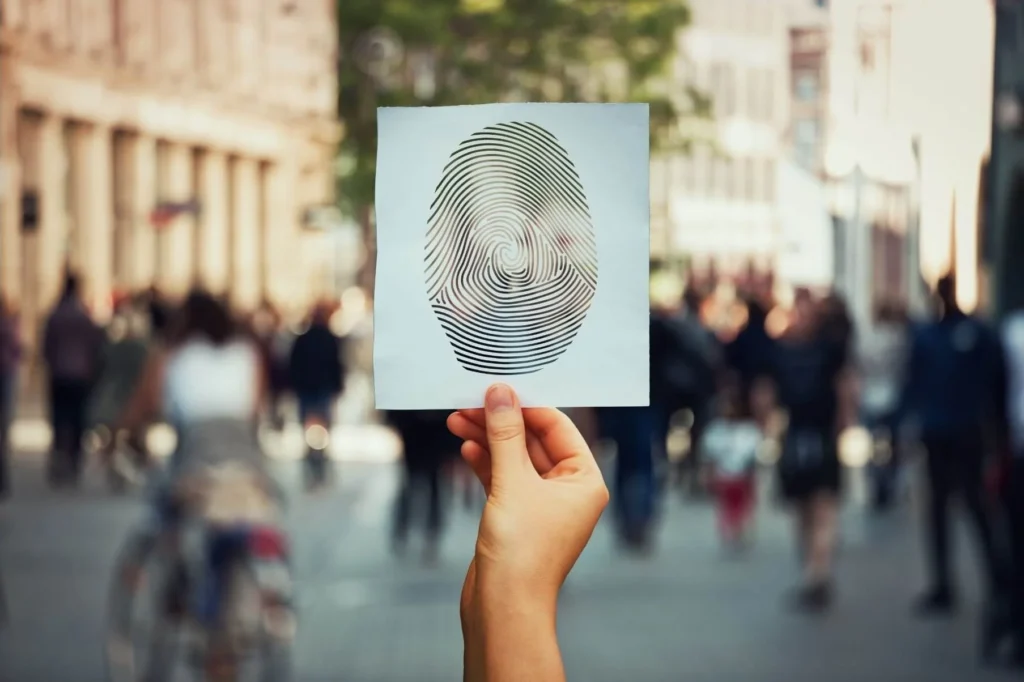 A hand holding a large thumbprint in front of a crowd